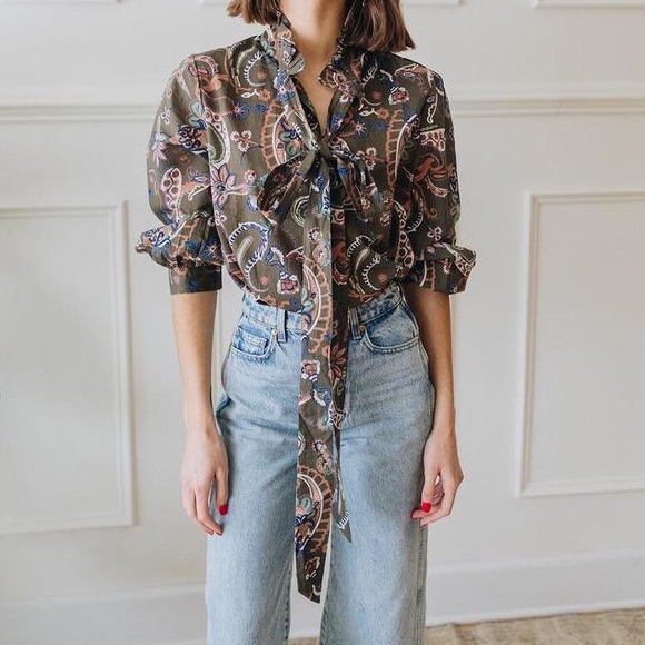Mille Blair Top In La Marais Floral Paisley Neck Tie Long Sleeve Blouse